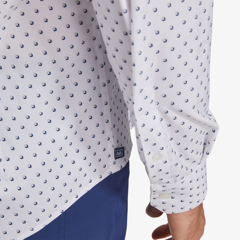 Leeward No Tuck Dress Shirt - Navy Gray Geo Box Print, fabric swatch closeup