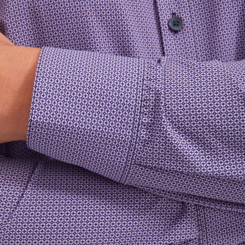 Monaco Dress Shirt - Navy Pink Mini Geo Print, fabric swatch closeup