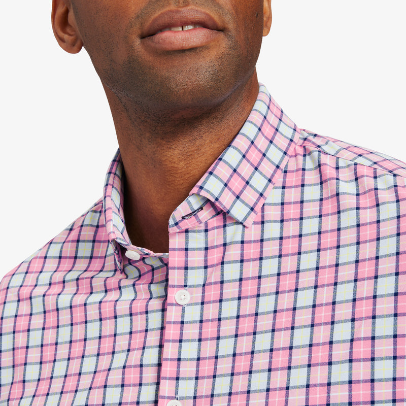 Monaco Dress Shirt - Pink Blue Multi Plaid, fabric swatch closeup