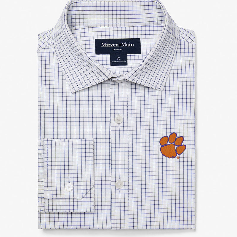 Clemson Leeward Dress Shirt - White Navy Mini Grid, featured product shot