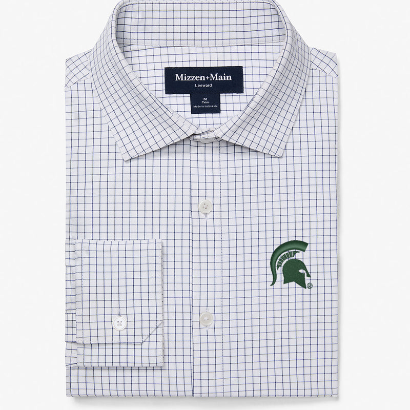 Michigan State Leeward Dress Shirt - White Navy Mini Grid, featured product shot