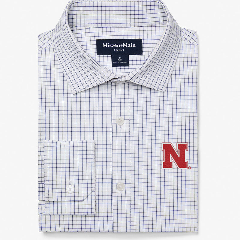 Nebraska Leeward Dress Shirt - White Navy Mini Grid, featured product shot