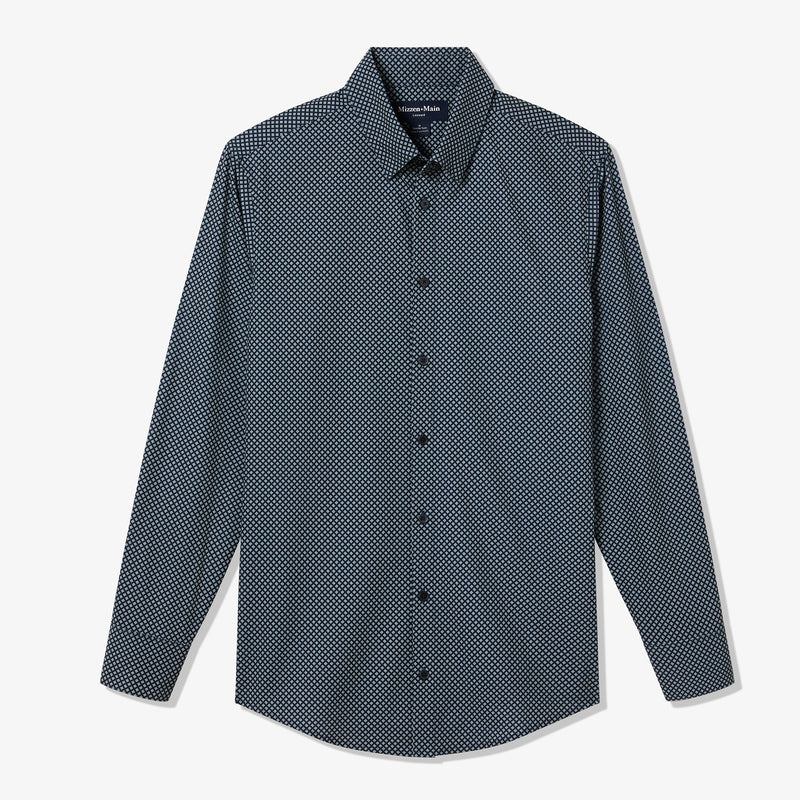 Leeward Dress Shirt - Navy Dash Repeat, fabric swatch closeup