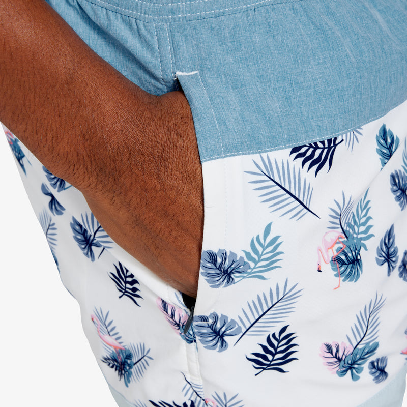 HydraShift Shorts - Blue and White Flamingo, fabric swatch closeup