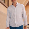 Leeward No Tuck Dress Shirt - Navy Gray Geo Box Print, lifestyle/model photo