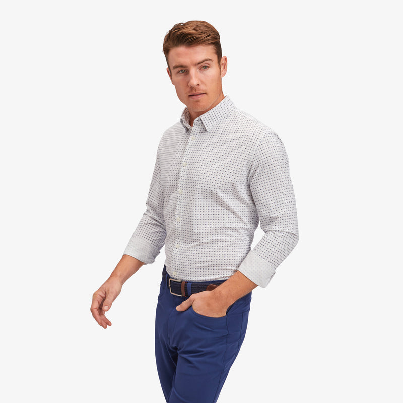 Monaco Dress Shirt - Peach Blue Mini Dot Print, lifestyle/model