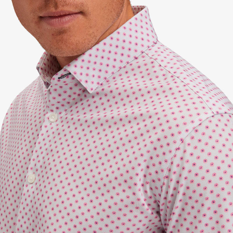 Leeward No Tuck Dress Shirt - Pink Floral Print, fabric swatch closeup