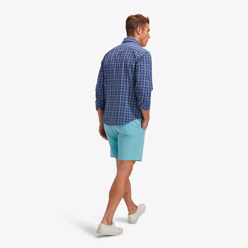Leeward No Tuck Dress Shirt - Navy Aqua Windowpane Plaid, lifestyle/model