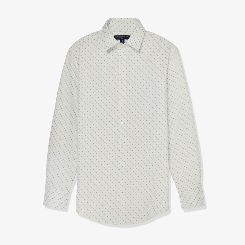 Leeward Dress Shirt - White Blue Dot Geo Print, fabric swatch closeup