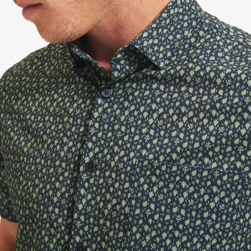 Leeward Short Sleeve - Navy Green Leaf Print, fabric swatch closeup